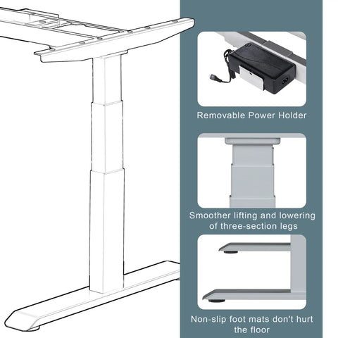 Stylish Grey Dual Motor Electric Standing Desk Frame With Built In Usb A Plus C Charging Ports Smooth Height Adjustable Sit Stand Base Sturdy Steel Legs For Home Office Workstation Setup Super Easy To Assemble showing non-slip foot mats and power holder.