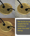 Floor Kit With Recessed Duplex 15A TR Device And Adjustable Steel Box In Brass Finish 1-Gang installed on various flooring