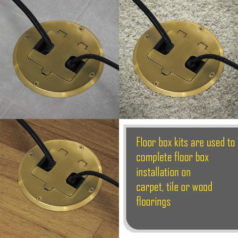 Floor Kit With Recessed Duplex 15A TR Device And Adjustable Steel Box In Brass Finish 1-Gang installed on various flooring
