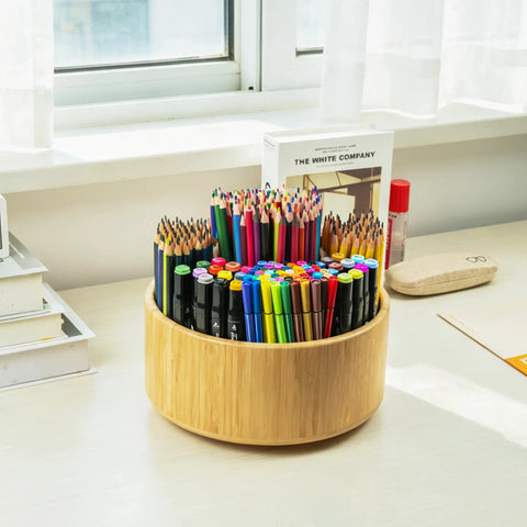 Large Bamboo 360 Degree Rotating Pencil Holder Desk Organizer With 11 Compartments For Pens Markers And Tools Smooth Spin For Easy Access