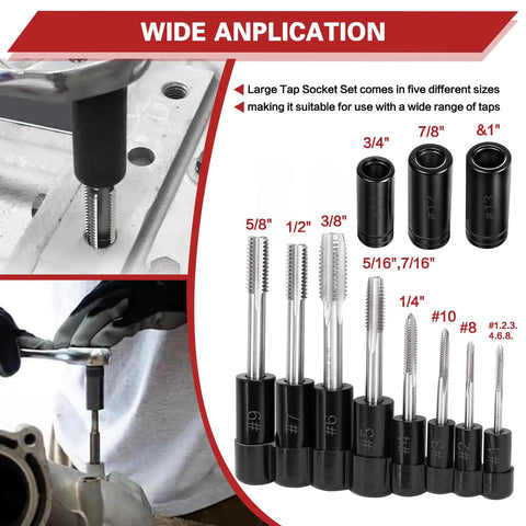Magnetic Tap Socket Set, 11-Piece Pro Grade Magnetic Socket Adapters displayed with various tap sizes and applications in metalworking.