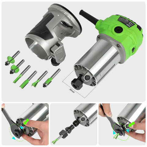 Slick Quick Release 6.5 Amp Compact Wood Router With Fixed Base offering tool parts and bit change features, ideal for DIY projects.