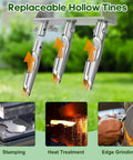Three-Tine Manual Core Aerator Tool For Lawns with visible replaceable hollow tines showing stamping, heat treatment, and edge grinding.