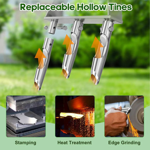 Three-Tine Manual Core Aerator Tool For Lawns with visible replaceable hollow tines showing stamping, heat treatment, and edge grinding.