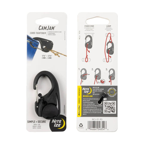 CamJam Cord Tightener With Carabiner Clip For Camping and Outdoor Tying Down Gear packaging front and back view