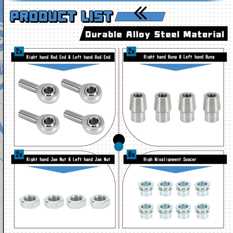 Heavy Duty Five Eighths Inch Heim Joints Rod End Kit With Chromoly Panhard Bar Right And Left Hand Thread Tube Adapter And Jam Nut For Steering Suspension And Traction Bars Includes Two Pairs, alloy steel kit parts