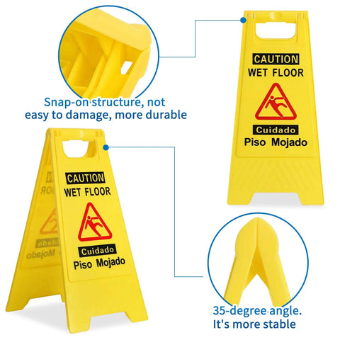 Wet Floor Sign Caution Foldable Double Sided Bilingual For Commercial Use Yellow 2 Pack with red graphics and text