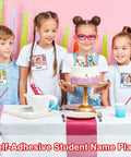Children wearing Kid Friendly Photo Desk Nameplates Set 36 Self Adhesive Name Tags With Photo Space For Classrooms And Desks at a party