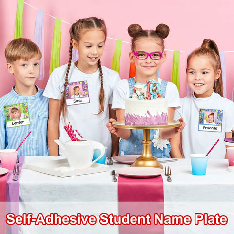 Children wearing Kid Friendly Photo Desk Nameplates Set 36 Self Adhesive Name Tags With Photo Space For Classrooms And Desks at a party