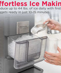 Compact Countertop Nugget Ice Maker Making 44 Pounds Daily In Just Ten Minutes with ice scoop and glass.