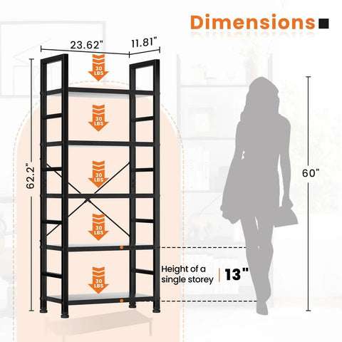 Dimensions of Five Tier Bookshelf Tall Display Stand For Bedroom Living Room And Home Office Industrial Style Black Storage Rack
