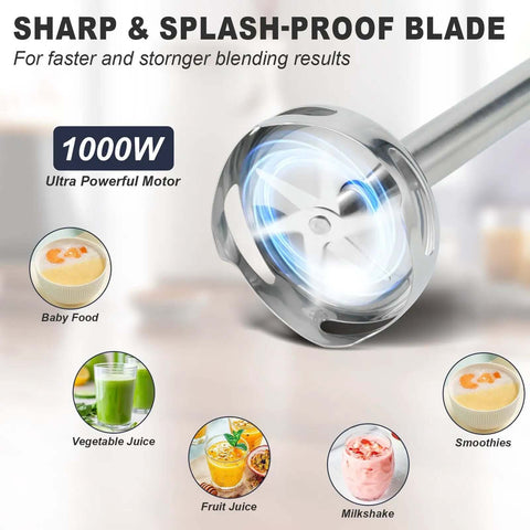 Badass 1000W Immersion Blender Handheld Stick Mixer Copper Motor And Stainless Steel Blades with splash-proof blade for soups and smoothies.