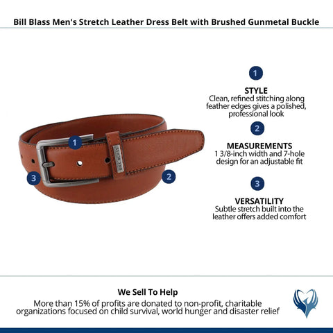 Go To Mens Stretch Leather Dress Belt With Brushed Gunmetal Buckle and stitched feather edge, 1 3/8 inch width for workwear