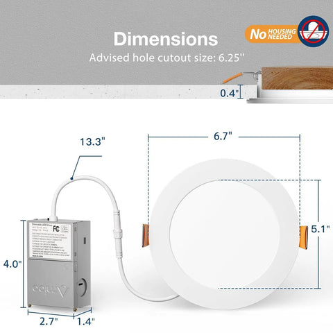 Ultra-Thin 6 Pack 6 Inch LED Recessed Ceiling Lights with Junction Box, dimensions diagram showing installation size.