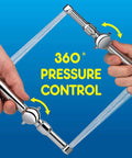 Hands adjusting pressure of Aquaus 360 All Brass Handheld Bidet Sprayer with dual thumb controls against blue background.