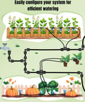 Diagram showing garden irrigation system with Fifteen Pcs Drip Irrigation Fittings For Half Inch Tubing With Barbed Elbows And Anti Drop Lock Nuts