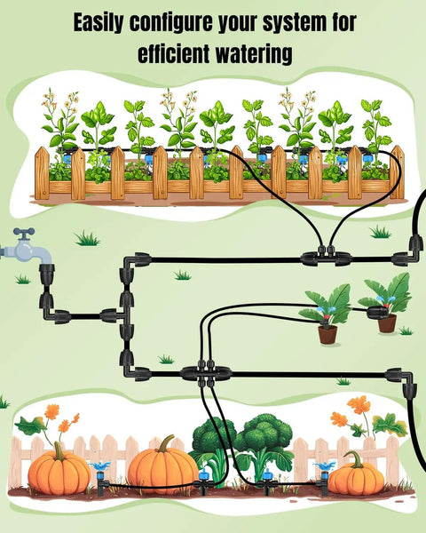 Diagram showing garden irrigation system with Fifteen Pcs Drip Irrigation Fittings For Half Inch Tubing With Barbed Elbows And Anti Drop Lock Nuts