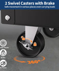 Close-up of 2 swivel casters with brake on Beefy 5 Tier Rolling Tool Cart On Wheels With Heavy Duty 400 Lbs Capacity Metal Mechanic Tool Cart Featuring Lockable Drawers And Side Pegboards For Garage Workshop Repair Shop.