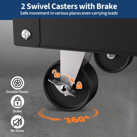 Close-up of 2 swivel casters with brake on Beefy 5 Tier Rolling Tool Cart On Wheels With Heavy Duty 400 Lbs Capacity Metal Mechanic Tool Cart Featuring Lockable Drawers And Side Pegboards For Garage Workshop Repair Shop.