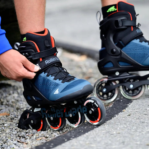 Macroblade 90 Inline Skates For Adults Unisex Orion Blue And Sharp Orange Size 270 being worn on pavement for city cruising