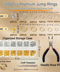 All In One Jewelry Making Kit With 1200 Pcs Small Open Jump Rings In Gold And Silver Assorted Sizes 4mm 5mm 6mm 8mm 10mm Plus Lobster Clasps Pliers Opener And Tweezers For Necklace Bracelet Charms Repair Kit, shown with storage case and tools