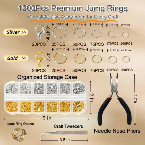 All In One Jewelry Making Kit With 1200 Pcs Small Open Jump Rings In Gold And Silver Assorted Sizes 4mm 5mm 6mm 8mm 10mm Plus Lobster Clasps Pliers Opener And Tweezers For Necklace Bracelet Charms Repair Kit, shown with storage case and tools