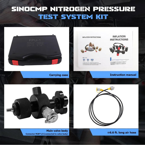 Nitrogen Shock Fill And Accumulator Charging Kit With Three Gauges 1500 PSI 4000 PSI And 6000 PSI case, manual, valve, and hose