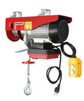 850 Watt Electric Hoist Cranes With Wired Remote For Heavy Lifts Up To 880 Lbs Waterproof Wireless Control showing hook and remote.
