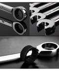 Close-up of 72-Tooth Ratchet Spanner Set With Fixed Head Wrenches, Universal Ratcheting Wrenches, 12-piece black finish.