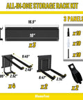 Components of Heavy Duty Wall Mounted Tool Organizer For Garage with 3 panels and adjustable hooks.