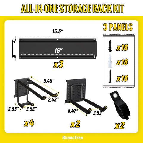 Components of Heavy Duty Wall Mounted Tool Organizer For Garage with 3 panels and adjustable hooks.