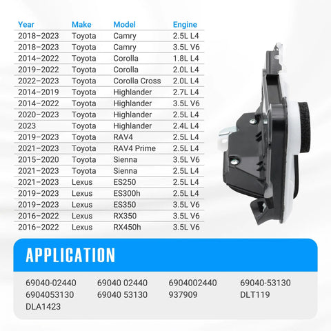Front Left Power Door Lock Actuator With Latch Assembly For Toyota Corolla Camry Highlander RAV4 Sienna Lexus ES250 ES300h ES350 RX350 RX450h Plug And Play Direct Fit Replacement 6904002440 937909 DLA1423 side view with fitment chart
