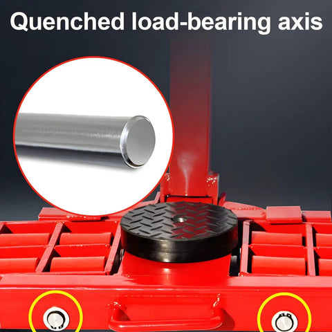 Close-up of quenched load-bearing axis on Heavy Duty 64 Ton Machine Skate Dollies With Hardcore Steel Wheels.