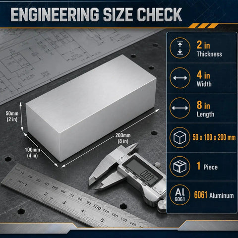 Beefy 6061 Aluminum Block 2 Inch Thick by 4 Inch Wide by 8 Inch Long Pro Grade Flat Bar Stock for CNC Milling Lathe Work Machining Drilling DIY Projects and Industrial Use shown with caliper