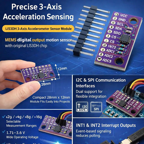 Six Pack LIS3DH 3 Axis MEMS Accelerometer Sensor Modules With I2C And SPI Interfaces, 1.71 To 3.6 V, High Resolution 3 Axis Acceleration, Selectable Ranges From 2G To 16G, Tilt And Motion Sensing For Robotics And IoT Projects, purple PCB module