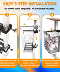 Easy 3-step installation of Heavy Duty Under Desk PC Mount No Drill Table Clamp showing adjustments and bracket setup.