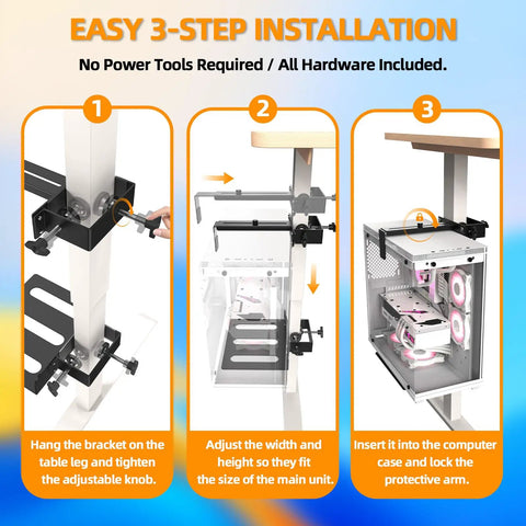 Easy 3-step installation of Heavy Duty Under Desk PC Mount No Drill Table Clamp showing adjustments and bracket setup.