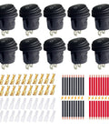 Pack of 10 waterproof round rocker switches on off 12V DC 20A and 125V and 250V AC SPST, terminals, black nylon build