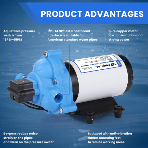 Product advantages of 110V Water Transfer Pump With Self Priming Diaphragm Delivers 4.0 GPM At 45 PSI and features highlighted