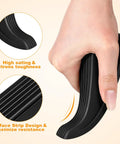 Hand holding Four Pack Built Tough Heavy Duty Door Stoppers Zinc Alloy Wall Protector with Non Slip Surface Wedge for Home