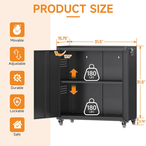 Durable Heavy Duty 34 Inch Steel Garage Storage Cabinet Featuring Smooth Roll Caster Wheels And Adjustable Shelf Layouts For Secure Locking And Shop Grade Black Tool Storage