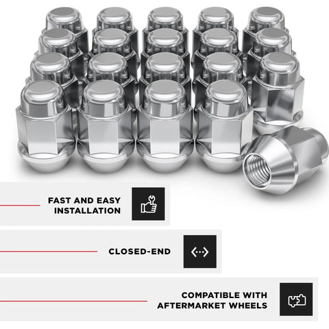 Rugged M12x1.50 Bulge Acorn Lug Nuts For Aftermarket And Factory Wheels 20 pack with triple layer chrome finish