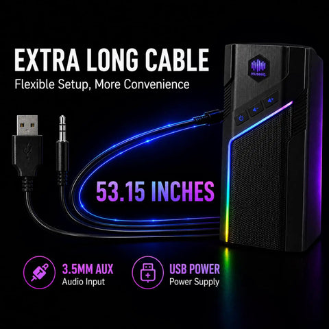 USB and 3.5mm AUX cables with RGB Gaming Speakers For PC Desktop With 21 Lighting Modes, Bluetooth Ready Stereo Computer Speakers.