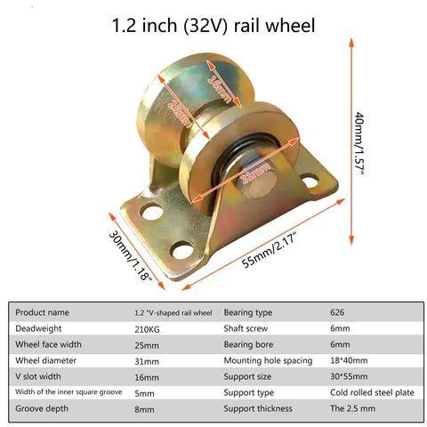 Heavy Duty Sliding Door Pulley V Wheel Featuring Double Sealed Ball Bearings For Inverted Track Gates Galvanized Steel Design 1.2 inch V-shaped rail wheel.