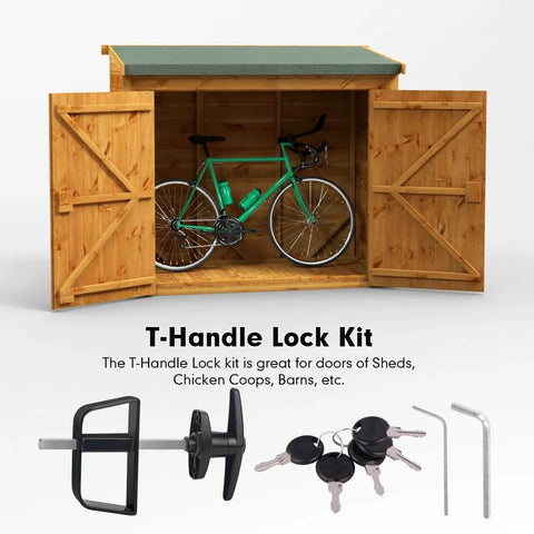 T Handle Shed Door Lock Kit With 5 Keys, Adjustable 5.5 Inch Stem, Beefy Industrial Grade Steel Construction shown in use