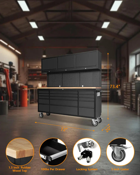72-Inch Rolling Tool Cabinet With 15 Drawers 3 Top Cabinets And Pegboard Mobile Garage Tool Organizer With Anti Slip Liner
