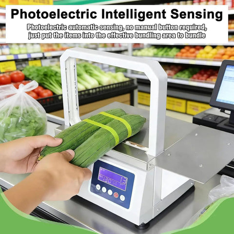 Semi Automatic Tabletop Bundling Machine That Kicks The Hassle Out Of Food Packaging And Produce Strapping For Busy Grocery Shops And High Volume Distribution Centers, bundling cucumbers.