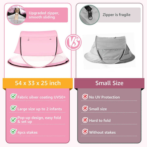 Comparison of pink Pop Up Baby Beach Tent Sun Shade With Carry Bag No Fuss UPF 50 UV Protection and a smaller gray tent.