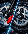 Beast 3000W Electric Dirt Bike For Teens And Adults 40 MPH Top Speed 53 Mile Range 48V 23Ah Battery 14 And 12 Inch Tires Dual Disc Brakes Full Suspension Off Road Ride rear wheel, chain, and disc brake close-up