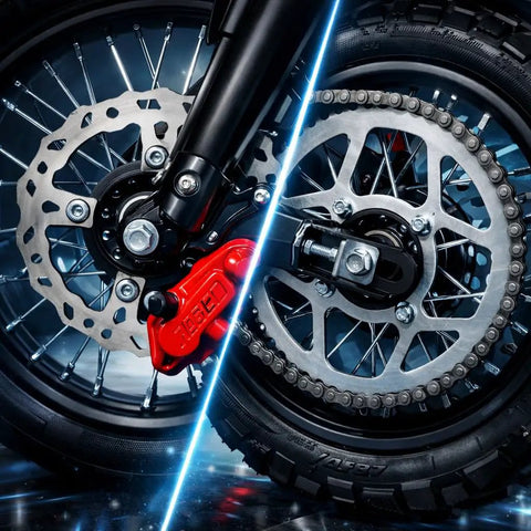 Beast 3000W Electric Dirt Bike For Teens And Adults 40 MPH Top Speed 53 Mile Range 48V 23Ah Battery 14 And 12 Inch Tires Dual Disc Brakes Full Suspension Off Road Ride rear wheel, chain, and disc brake close-up